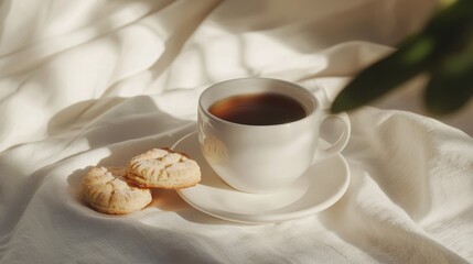 Enjoying a peaceful morning with a cup of hot black tea and buttery biscuits on bright linen, bathed in soft morning light