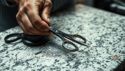 Precision haircut tools on marble table with clipped hair