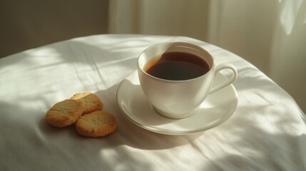 Warm black tea pairs perfectly with buttery biscuits on a serene morning by the soft glow of sunlight filtering through linen