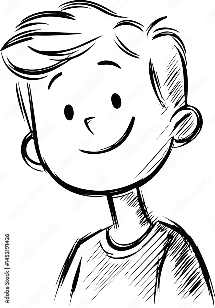 Poster black and white sketch of a smiling young boy with a round face. vector illustration.