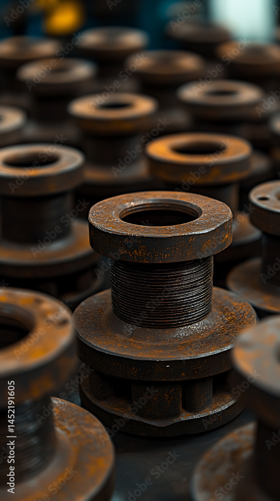 Poster rusted mechanical components. a grid of repeating parts reveals texture and patterns from age. indus