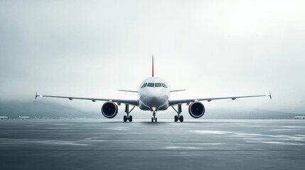 A modern airplane on an empty runway under cloudy skies, ready for takeoff.