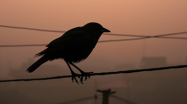 Crow silhouette perched on wire in a foggy cityscape dusk setting - Powered by Adobe