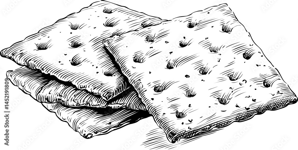 Poster detailed sketch of three stacked crackers with textured surface illustration. vector illustration.