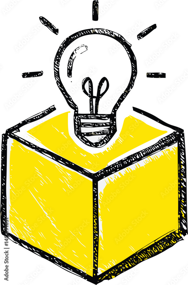Poster Light bulb sketch emerging from a yellow cube with creative concept. Vector illustration.
