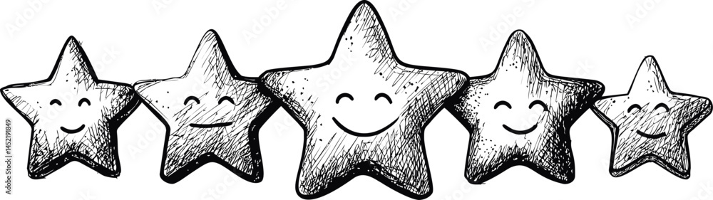 Poster Sketch of five smiling stars with unique expressions in black and white. Vector illustration.
