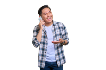 Cheerful young Asian man in plaid shirt talking on mobile phone isolated on transparent background