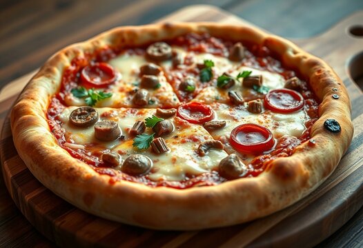 Chicago-style deep-dish pizza with melted mozzarella cheese and various toppings