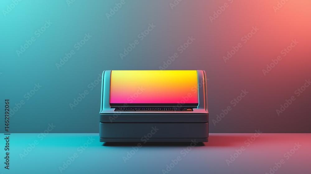 Poster a modern computer display with vibrant colors against a minimalistic background.