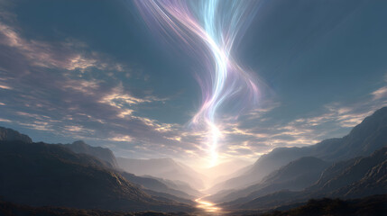 Celestial glow descends upon mountainous landscape illuminating valley below with ethereal light
