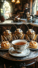 Fototapeta premium In the heart of a charming kitchen, roaches gather around a delicate teacup, relishing crumbs and treats. Their playful antics highlight the whimsical side of pest encounters and coexistence