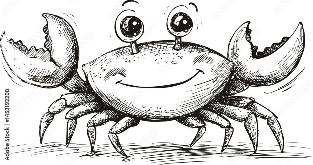 Poster smiling cartoon crab with big eyes in black and white sketch style. vector illustration.