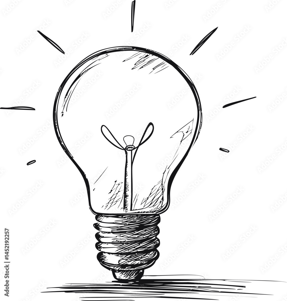 Poster Sketch of a light bulb with rays and shadows, symbolizing a bright idea. Vector illustration.