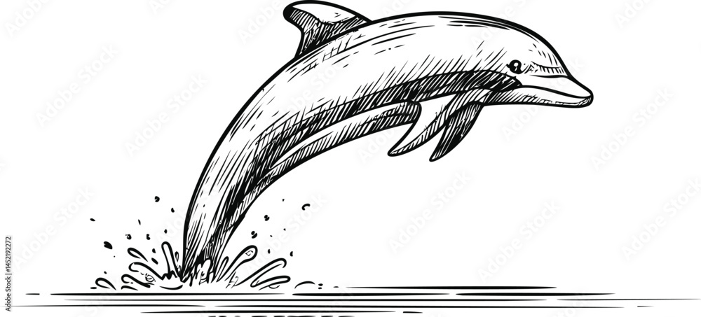 Aufkleber Sketch of a dolphin leaping from the water creating splash in monochrome style. Vector illustration.