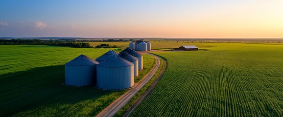Tranquil rural scene featuring grain silos and cultivated fields at sunset