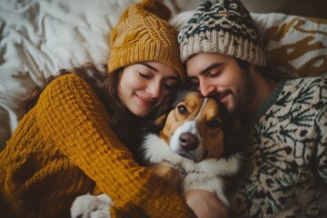 Naklejka na ściany i meble Warm moments of love and friendship as a young couple cuddles with their dog in a cozy home on a winter afternoon