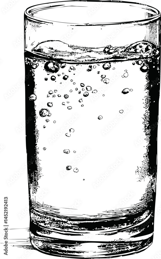 Poster black and white drawing of a glass with fizzing bubbles in water, sketch art. vector illustration.