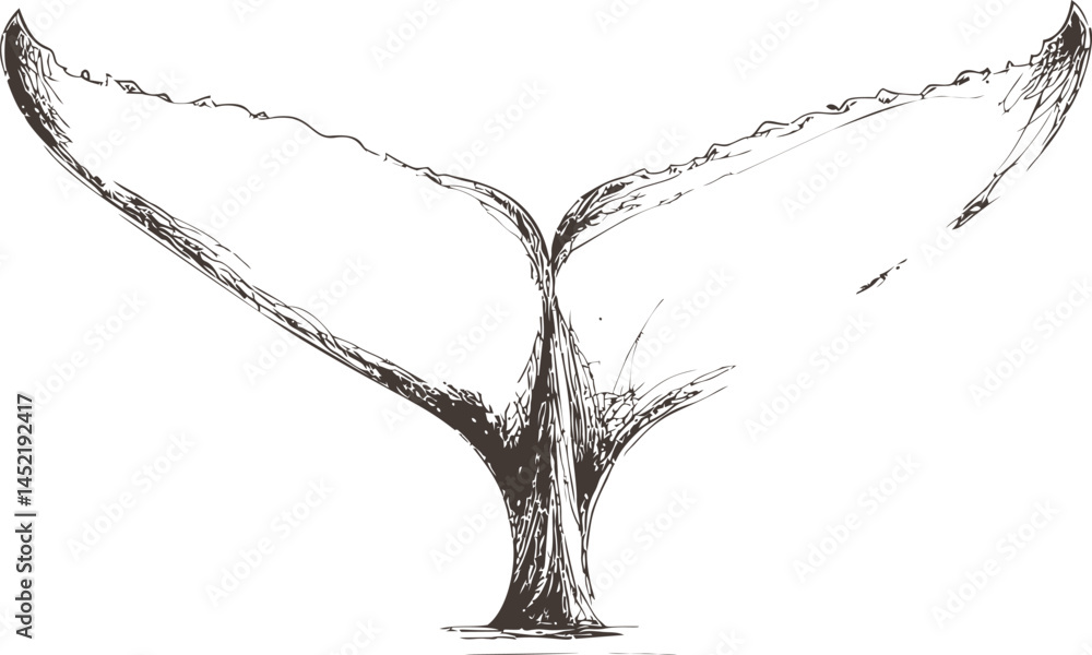 Aufkleber sketch of a whale tail in black and white with intricate line details. vector illustration.