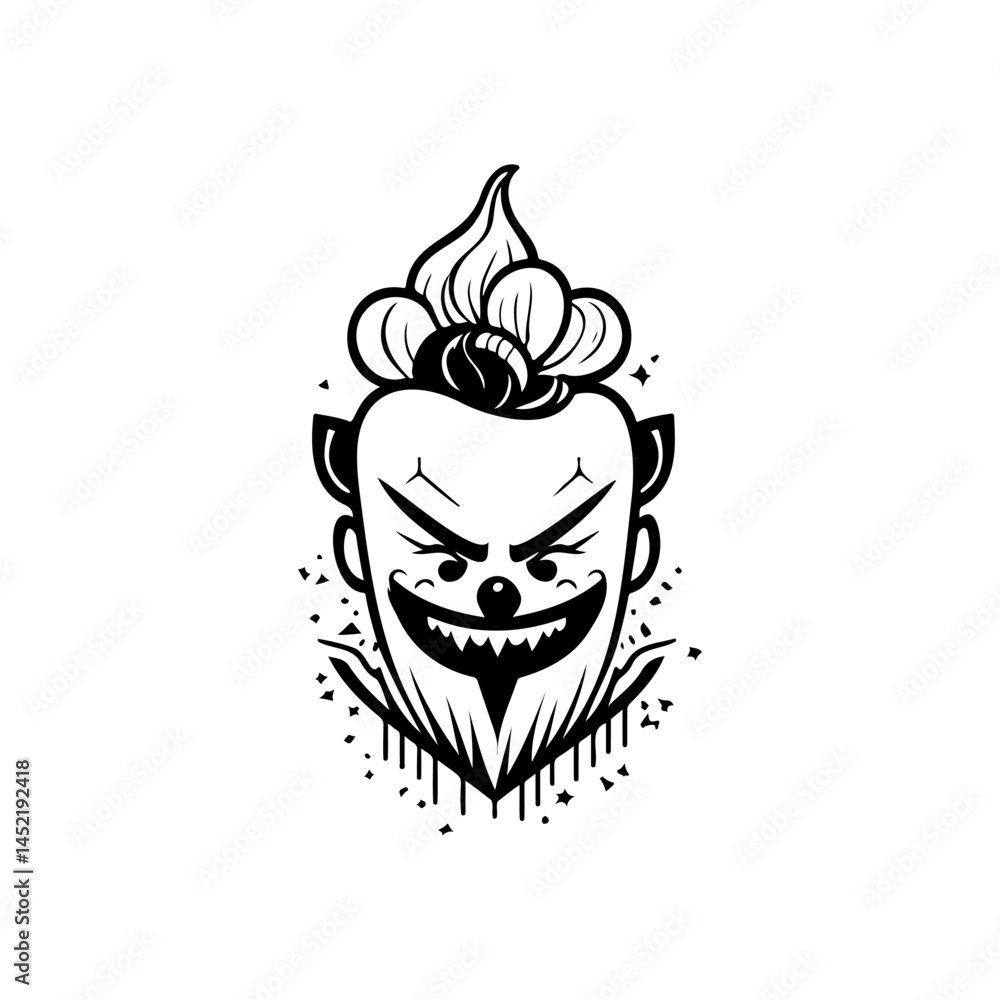 Poster monochrome depiction of a menacing clown character with exaggerated features