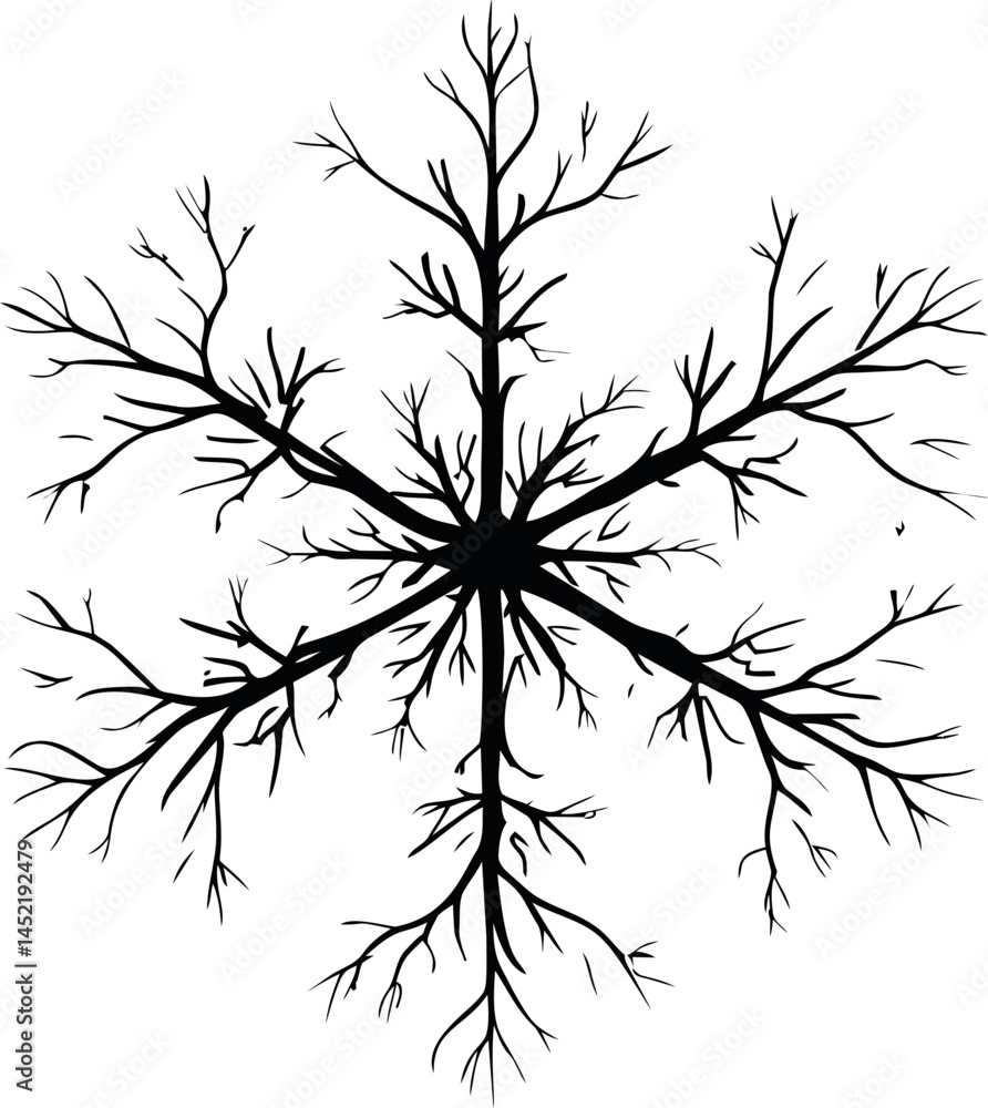 Poster Silhouette of a symmetrical black tree-like pattern resembling a snowflake. Vector illustration.