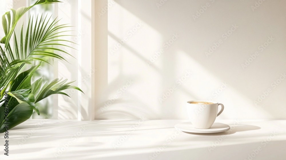 Poster Soft sunlight filters through a window, casting gentle shadows on a white surface where a steaming cup of coffee rests beside a vibrant green plant, creating a calm atmosphere