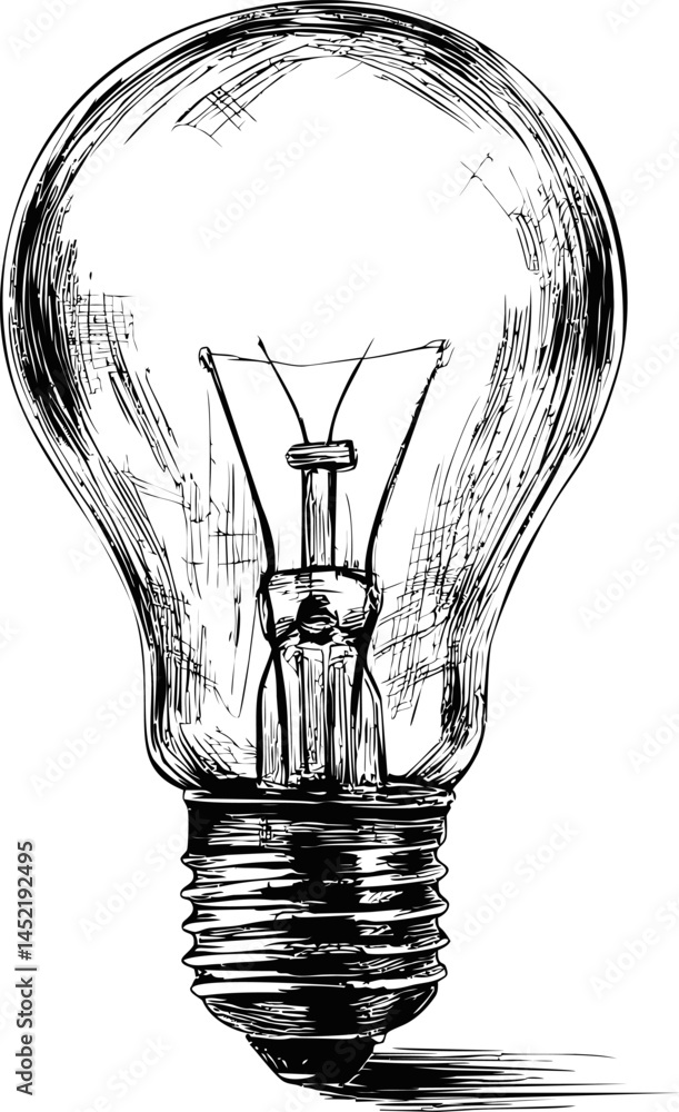 Poster detailed sketch of a classic light bulb with emphasis on intricate line work. vector illustration.