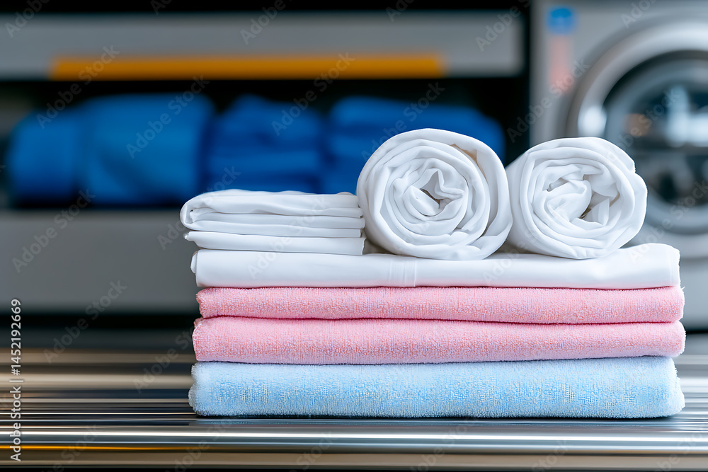 Poster freshly laundered pastel towels and linens stacked neatly, ready for use. clean and soft textiles fo