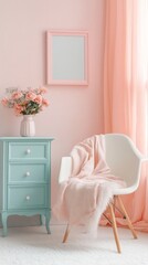 Fototapeta premium A tranquil interior space boasts pink pastel walls and soft furnishings. A stylish white chair is draped with a fluffy throw, complemented by a vase of flowers on a blue chest