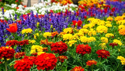 A garden of colorful flowers in bloom. This bright landscape is perfect for spring or summer themes, nature backdrops, gardening, or an eco-friendly lifestyle.