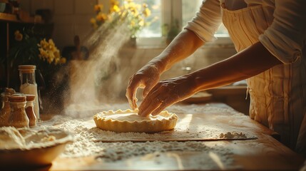 Flour-dusted baking lesson showing mom guiding teen’s hands while making pie crust, illuminated by golden window light. Close-up of intergenerational hands working together with recipe book displaying