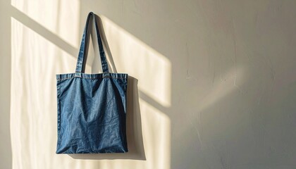 A tote bag recycled from used denim fabric hangs on a minimalist wall, an environmentally friendly fashion concept.