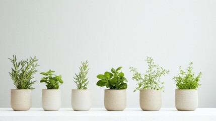 Fototapeta premium Row of six small potted plants arranged in a line on a white shelf against a plain white wall.