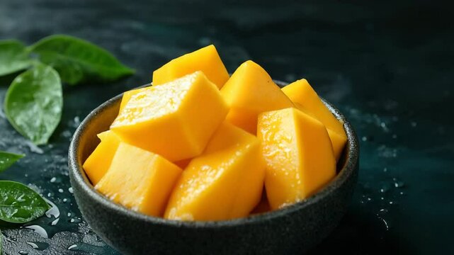 mango slices in a bowl on a black background.