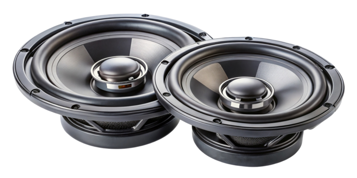 High Fidelity Audio System Speakers with Black Design on a Black Backdrop