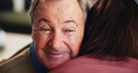 Hugging, empathy and senior man with nurse for consultation with good news, support and care....