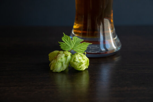 Fresh hops beside a glass of beer on a wooden table
