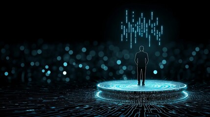 Podium stage motivation. A person stands on a glowing digital platform, surrounded by virtual data and futuristic lights in a high-tech environment.