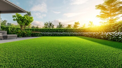 Naklejka premium Serene Sunset Garden: Lush Green Lawn, Blooming Flowers, and Tranquil Atmosphere