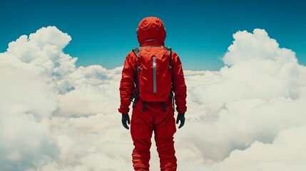 Astronaut in Red Spacesuit Above Cloudscape Back View Exploration Concept