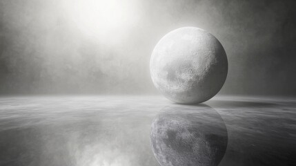 A surreal depiction of a spherical object reflecting light in a misty atmosphere.