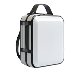 A white suitcase with a black handle sits on a white background
