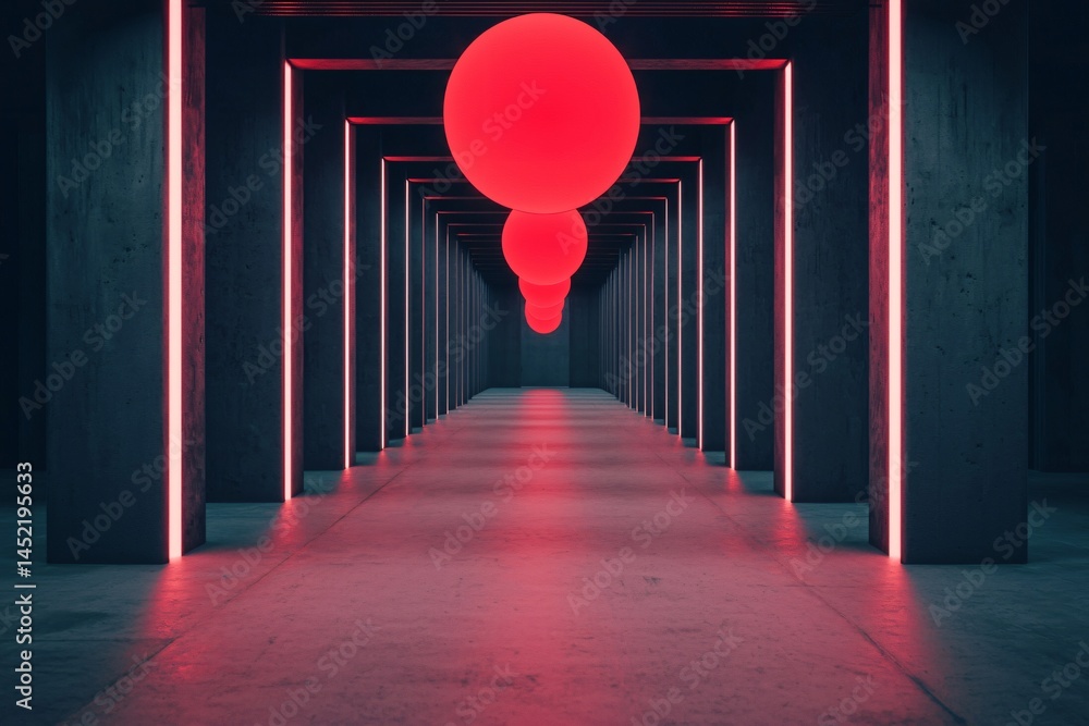 Poster futuristic red neon lit corridor with illuminated sphere lights abstract architecture background