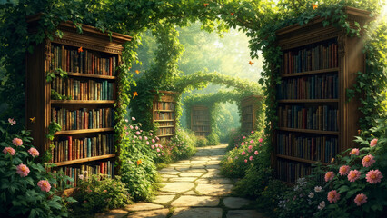 Enchanting pathway through lush garden and antique bookshelves, fantasy literary theme