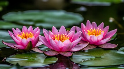 Serene Water Lilies: A Trio of Pink Perfection in a Tranquil Pond
