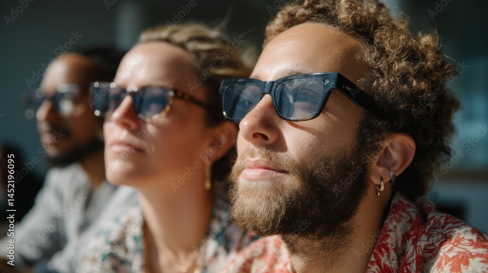 Aufkleber A group of friends is testing cutting-edge glasses under bright natural light. They appear engaged and curious, exploring the advanced features of the eyewear in a relaxed setting