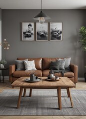 Brown couch, wooden dining table, black & white photos, grey wall, chic decor,  minimalist,  home furnishings