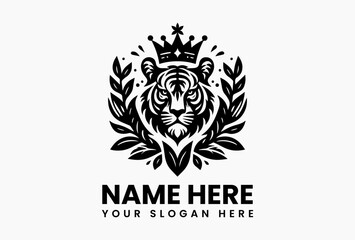 Striking black and white illustration of a regal tiger head wearing a crown, surrounded by decorative leaves in a symmetrical design. Wildlife concept
