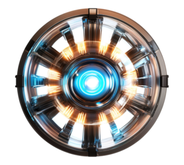 A futuristic looking light bulb with a blue and yellow glow