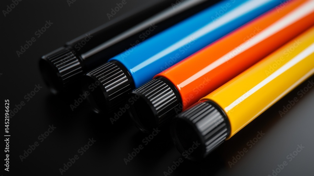 Poster a vibrant collection of four colorful markers arranged in a row on a black background.