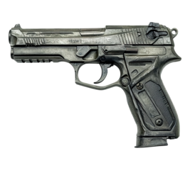 A gun with a black grip and a silver barrel